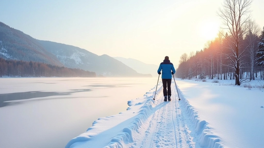Latgales ezera skats, skaista ziemas ainava ar kalniem fonā un sauļu gaismu
