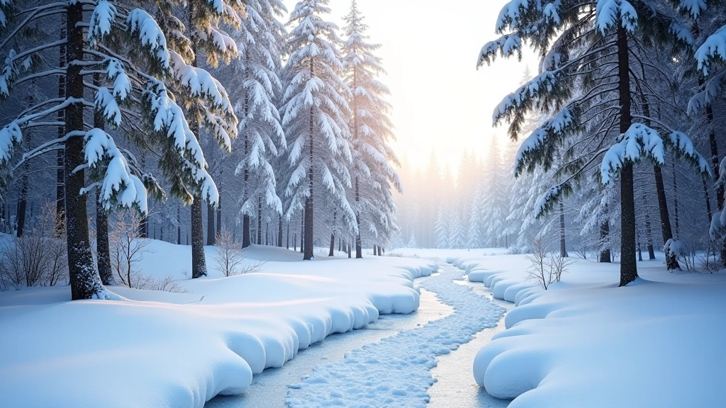 Ziemas meža ainavas Tērvete ar sniegu, ledus kristāļiem uz kokiem un parka skatu